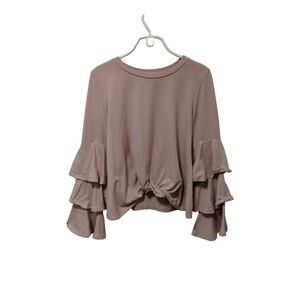Belle + Sky Women's Dusty Pink Ruffle Sleeve Front Tie Long Sleeve Top Medium